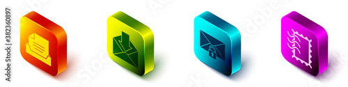 Set Isometric Drawer with document, Envelope, Mail message lock password and Postal stamp icon. Vector.