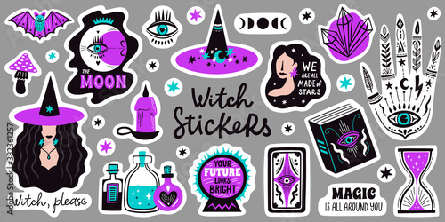 Doodle witchcraft magical stickers. Occult magic hand, witch mystical symbol, witchcraft hand drawn arms with moon and crystal illustration icons set. Magic spiritual witchcraft, mystic elements