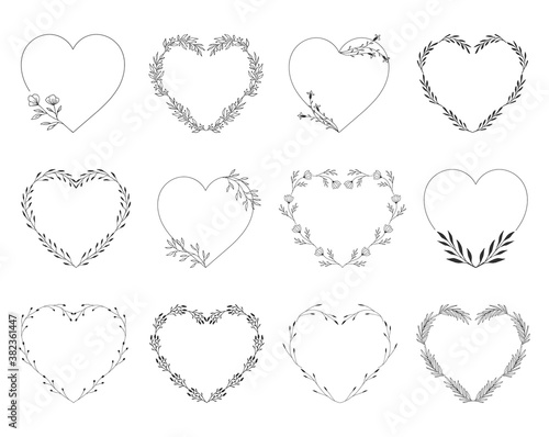 Hand drawn wreaths. Heart frames for wedding design. Vector isolated illustration.