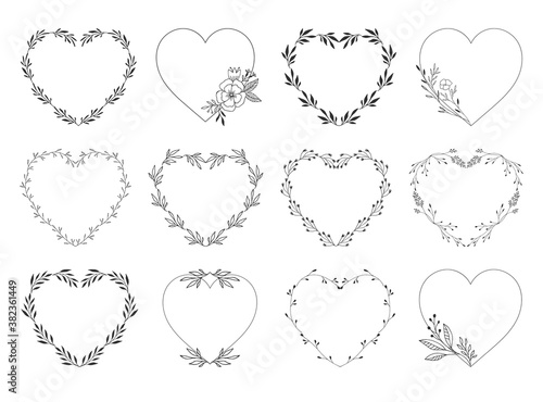 Elegant heart wreaths and frames. Leaves and flowers ornate borders. Vector isolated illustration.