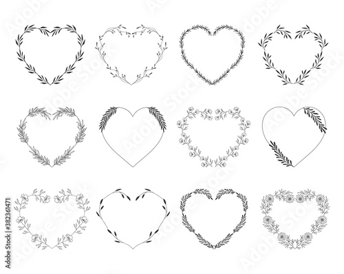 Set of heart wreaths. Botanical motif. Romantic vector illustration.