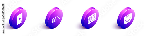 Set Isometric Playing card with diamonds, Casino chips, Slot machine with lucky sevens and Poker table icon. Vector.