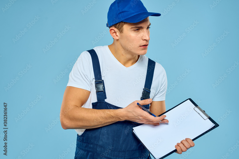 Delivery service man worker rendering service blue background Delivery service man worker rendering service blue background