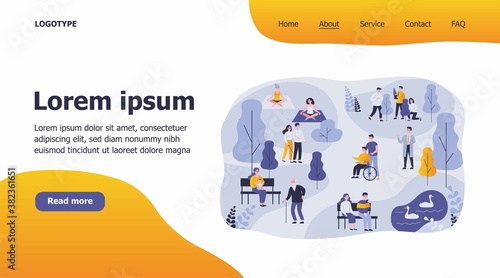 Patients walking and training in hospital park. Rehabilitation, nurse, health flat vector illustration. Healthcare and activity concept for banner, website design or landing web page