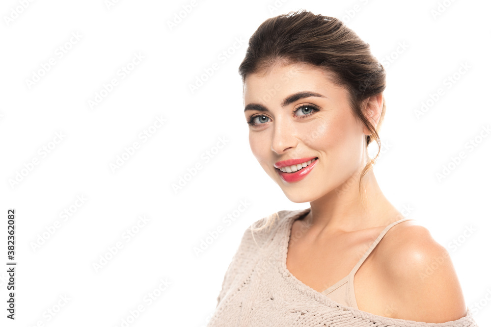 joyful woman in openwork sweater looking at camera isolated on white joyful woman in openwork sweater looking at camera isolated on white