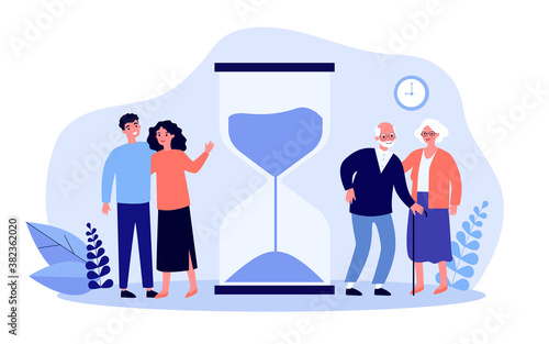 Time of young and senior people. Couples standing near hourglass flat vector illustration. Age, lifespan, generation concept for banner, website design or landing web page