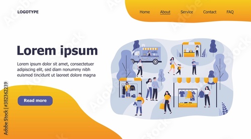 People walking in park during garage sale flat vector illustration. Cartoon man and woman and street season flea market. Community and summer fair concept