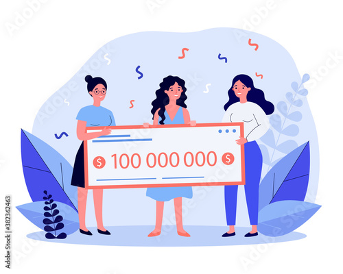 Happy lottery winners with huge bank check. Celebrating win, money prize, trophy flat vector illustration. Luck, fortune, success concept for banner, website design or landing web page