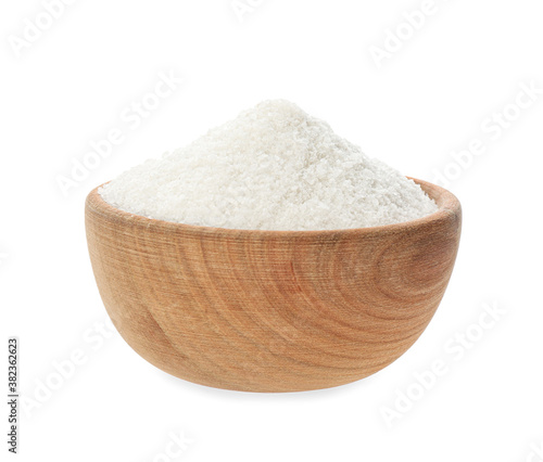 Wooden bowl with natural salt isolated on white