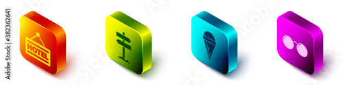 Set Isometric Signboard with text Hotel, Road traffic signpost, Ice cream in waffle cone and Glasses icon. Vector.