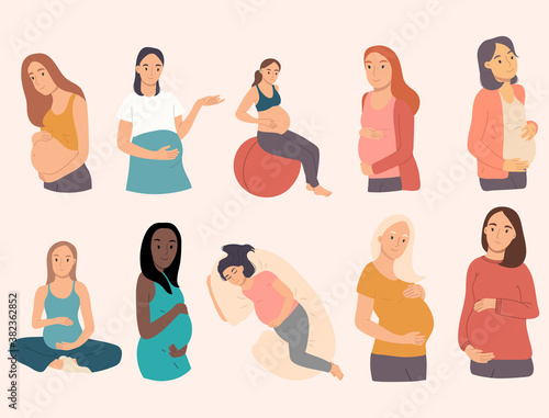 Collection of 10 pregnant woman doing gymnastic exercise, sleeping, meditating.Happy pregnancy set. Vector hand drawn illustration in flat cartoon style.
