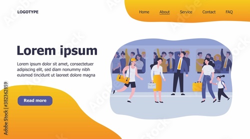 People going to work or school at morning. Transport, crowd, hurry flat vector illustration. Rush hour and city life concept for banner, website design or landing web page