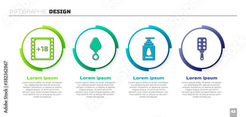 Set Play Video with 18 plus content, Anal plug, Personal lubricant and Spanking paddle. Business infographic template. Vector.