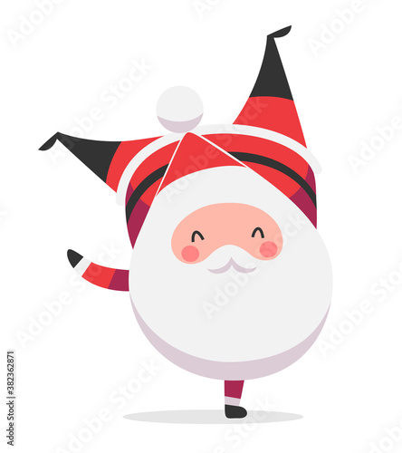Cute and acrobatic Santa Claus standing on one hand. Vector illustration isolated on white background.