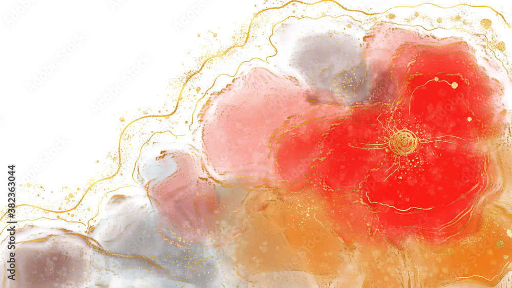 Fototapeta premium Abstract watercolor red, yellow with gold colored texture background. Digital illustration. Flow liquid paint for card design, modern banners, invitations
