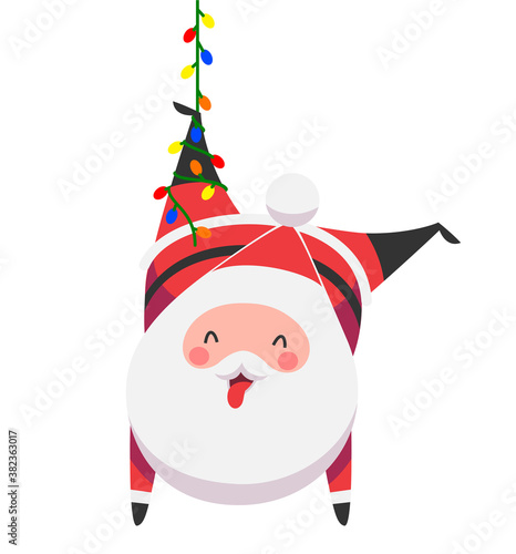 Cute Santa Claus hanging upside down on garland lights. Vector illustration isolated on white background.