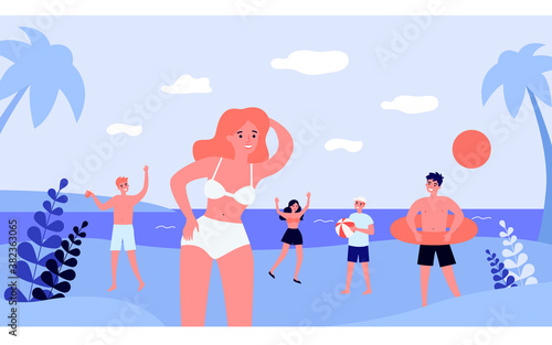 Happy young people enjoying activities on beach. Playing ball  wearing lifebuoy  relaxing by sea flat vector illustration. Summer vacation concept for banner  website design or landing web page