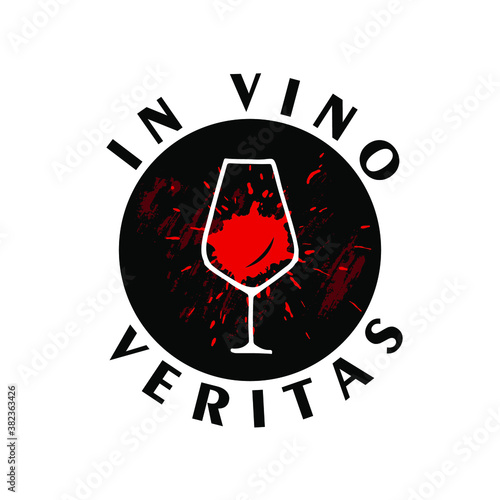 Silhouette of wine glass and abstract drop of red wine with latin phrase "In vino veritas"- truth in wine. Wine list, menu. 