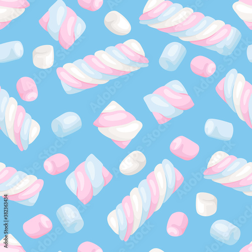 Seamless pattern with marshmallows on blue background. Vector color illustration of dessert in cartoon flat style.
