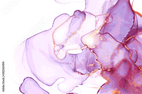 Violet and gold stone marble texture. Alcohol ink technique abstract vector background. Modern luxury paint in natural colors with glitter. Template for banner, poster design. Fluid art painting