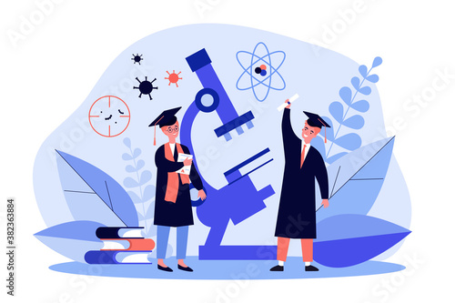 Young men celebrating graduation. Students in caps with tassels, diploma, microscope flat vector illustration. Science, knowledge, learning concept for banner, website design or landing web page