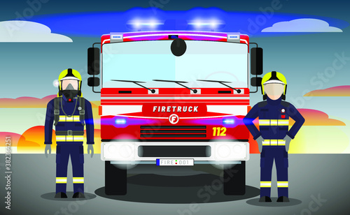 Two Firemen or Firefighters in Full Gear (Helmets, SCBA Breathing Apparatus) Standing in front of Firetruck with All the Lights On at Dark Sunset. European Style. Flat Vector Concept Illustration.