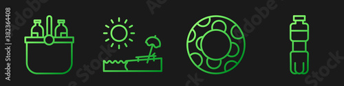 Set line Rubber swimming ring, Cooler bag and water, Beach with umbrella and chair and Bottle of water. Gradient color icons. Vector.