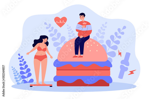 Fast food lovers suffering from overweight problem and high cholesterol. Fat woman standing on scales near hamburger, drinking soda. For fitness, junk eating, heart disease and lifestyle concept.