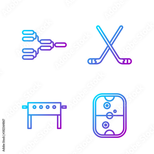 Set line Air hockey table, Hockey table, Championship tournament bracket and Ice hockey sticks. Gradient color icons. Vector.