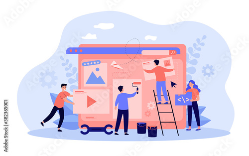 Tiny professionals working on website or blog design. People constructing and painting webpage. Flat vector illustration for digital marketing, web design, designers job concept