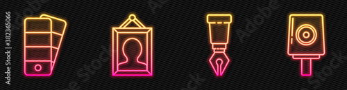 Set line Fountain pen nib, Palette, Picture and Spray can nozzle cap. Glowing neon icon. Vector.
