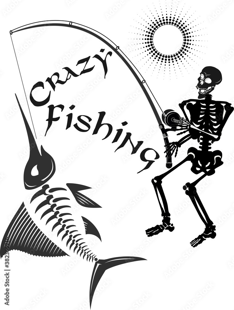 Crazy fishing. Skeleton fisherman catching marlin Stock Vector