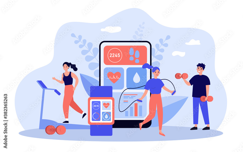 People exercising in gym with heart beat monitoring apps. Tiny man and women lifting weight, doing cardio training. Vector illustration for sport, health, gadgets for active lifestyle concepts