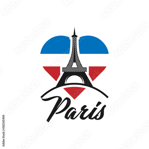 Symbol Paris. Fashion print for female wear. Template for t shirt, apparel, card, poster. Eiffel Tower and heart as symbol of love. Design element. Vector illustration