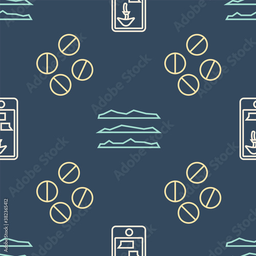 Set line Buying drugs online on phone, Medicine pill or tablet and Cocaine or heroin drug on seamless pattern. Vector.