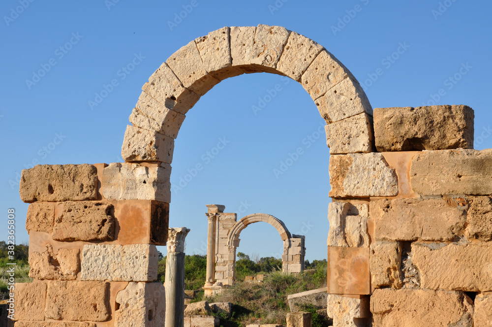 Stone arches at Leptis Magna, Khoms, Libya. UNESCO world heritage site.