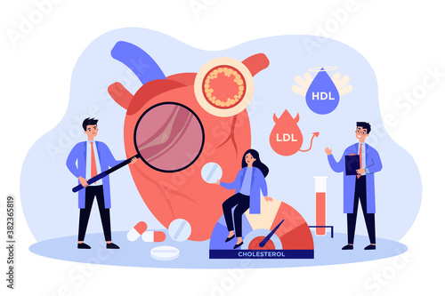 Doctors examining heart of patient suffering from high cholesterol, blood pressure and cardiovascular system disease. Flat vector illustration for health care, anatomy, heart attack risk concept