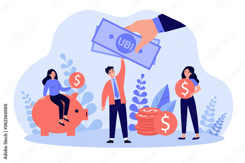 Successful people getting benefits, investing and saving money. Flat vector illustration for income, charity, investment, finance, tax, social equality concept Successful people getting benefits, investing and saving money. Flat vector illustration for income, charity, investment, finance, tax, social equality concept