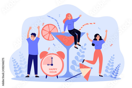 Cheerful young people enjoying party during happy hour in bar. Group of friends drinking alcohol and having fun in restaurant. Vector illustration for business promotion, entertainment concepts