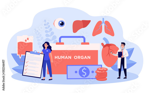 Tiny doctors standing among donors organs, blood transfusion bag, container and money. Vector illustration for transplantation, blood donation, medicine concepts
