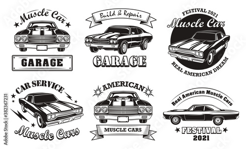 American muscle cars set. Monochrome labels with classic vintage vehicles, badges with text. For restoration or repair service emblem templates