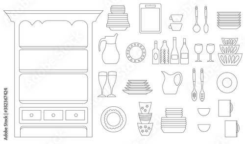 Linear illustration of a sideboard, a set of dishes, kitchen appliances for cooking. Contour isolated objects