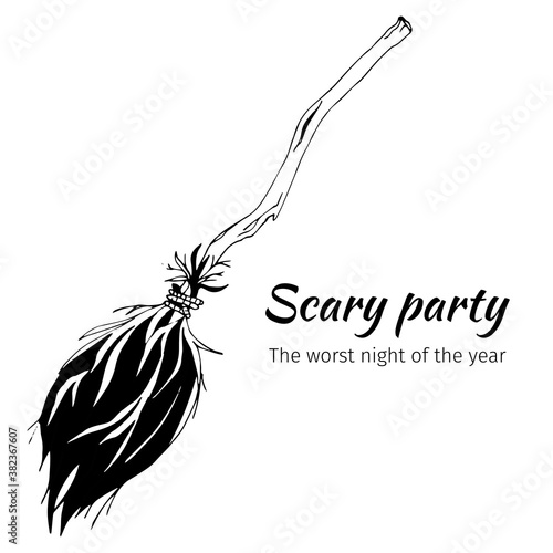 Witch's broom isolated on white background. Black and white illustration for Halloween. Vector banner for a party. Tattoo besom.