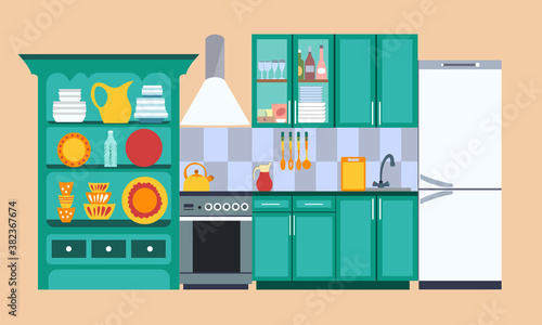 Kitchen interior with shelves, dishes, refrigerator, kitchen utensils. Sea green kitchen
