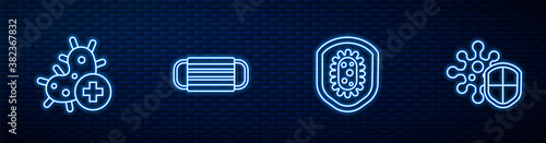 Set line Shield protecting from virus, Positive, Medical protective mask and . Glowing neon icon on brick wall. Vector.