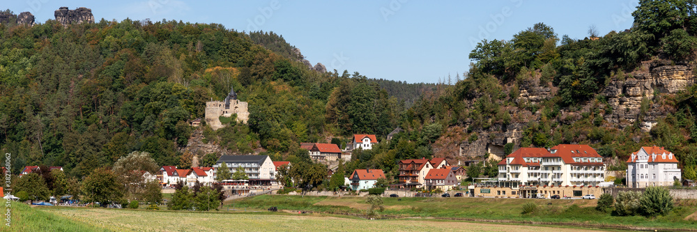 Panoramic view of Elbe river sides in Elbe Sandstone mountains, resort Rathen. Saxon Switzerland. Germany