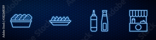 Set line Sauce bottle, Chicken nuggets in box, Nachos plate and Street stall with awning. Glowing neon icon on brick wall. Vector.