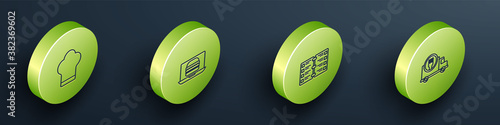 Set Isometric Chef hat, Online ordering burger delivery, Restaurant cafe menu and Fast by car icon. Vector.