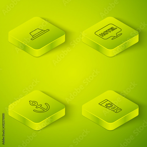 Set Isometric Location hotel, Anchor, Sunscreen cream in tube and Man hat with ribbon icon. Vector.