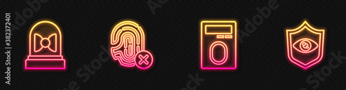 Set line Fingerprint with lock, Motion sensor, Rejection fingerprint and Shield eye scan. Glowing neon icon. Vector.